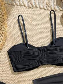 SHEIN 少女三件套比基尼，可调节肩带抹胸泳衣上装和泳裤，网纱裙，适合夏季海滩、泳池派对、度假。 - 黑色 - 查看 5