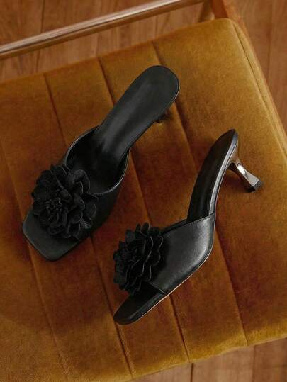 女士时尚优雅露趾高跟鞋，黑色、白色、花卉、蕾丝图案细高跟凉鞋，春夏新款，适合户外婚礼、派对、居家穿着，性感拖鞋