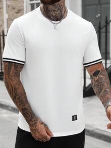 Manfinity Homme Men's Round Neck Short Sleeve T-Shirt, Ribbed Cuff Design, All-Match Minimalist Style, White Short Sleeve Tee, Casual Versatile - White - View 6