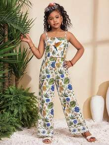 SHEIN Tween Girls' Casual Floral Print Camisole And Elastic Waist Pants Set, Vacation Outfit - Multicolor - View 3