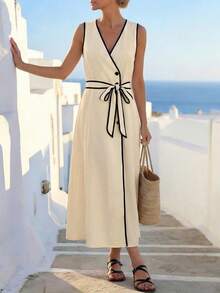 Breezaya 女士度假休闲撞色滚边无袖连衣裙 女士夏季连衣裙 女士裹身裙 女士夏季套装 女士休闲连衣裙 女士度假连衣裙 休闲夏季连衣裙 女士度假连衣裙 无袖中长连衣裙 - 杏色 - 查看 7