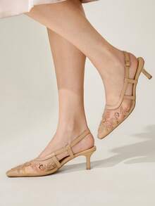 CUCCOO CHICEST Women's Embroidered Mesh Beaded Square Toe Mid-Heel Ankle Strap Pumps, Elegant Party Wear Wedding Shoes Summer Shoes Bride Shoes - Apricot - View 4