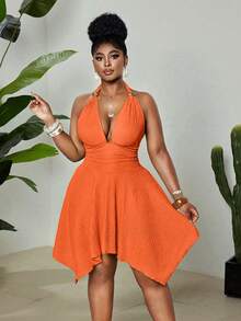 Maweii Plus Size Women's Burnt Orange Summer 70's Party Rave Holiday Dress,Jacquard High Stretch Halter Neck,Metal Decor,Asymmetric Hem Backless,Versatile - Orange - View 6
