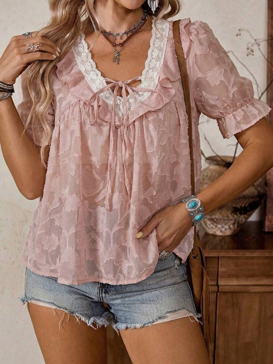LanaWest Women's Western Casual Woven Textured Fabric Contrast Lace Trim Ruffle Hem Short Sleeve Blouse - Dusty Pink - View 1
