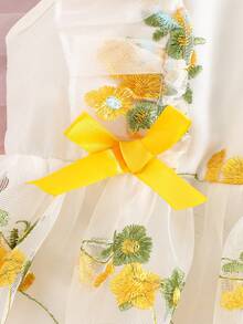 SHEIN Glamorique Kids 女童甜美荷叶边无袖刺绣网纱公主裙，适合夏季假日、度假和派对穿着 - 黃色 - 查看 8