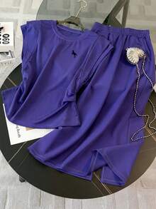 Resyla 女士紫色两件套，荷叶袖设计 - 圆领马图案上衣搭配直筒半身裙 - 时尚休闲夏季家居服 - 松紧腰带 - 青春街头风 - 紫色 - 查看 1