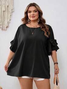 SHEIN CURVE+ Curve 尺码 US22 音乐节、海滨度假、波西米亚风女士蝴蝶结装饰圆领紫红色衬衫，夏季 - 黑色 - 查看 2