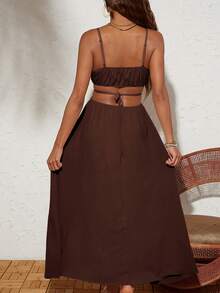 SHEIN TRVLCHIC Đầm dệt trơn màu trơn, không lưng, thắt eo - màu nâu - Xem 2