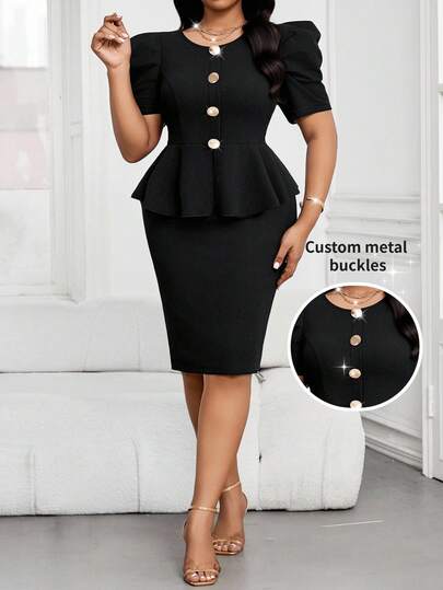 SHEIN Lady Plus Size Women's Round Neck Button Petal Sleeve Top And Skirt 2-Piece Outfit, Fashionable For Commuting And Outings  Summer Spring Summer Outfits For Women  Spring Outfit  Summer Dress Spring Dress  Festival Outfits For Women Professional Dresses For Women Ladies Two Piece Outfits Suits Formal Formal 2 Piece Suit For Women Skirt Office Outfits For Women Causal Business Women Outfit Summer Summer Clothes Summer Outfits Summer Holiday Outfits  Festival Outfits For Women Festival Country Style For Women Festival Outfits For Women Graduation Dress Work Outfits For Women Work Wear Women Coords For Women Casual Classy