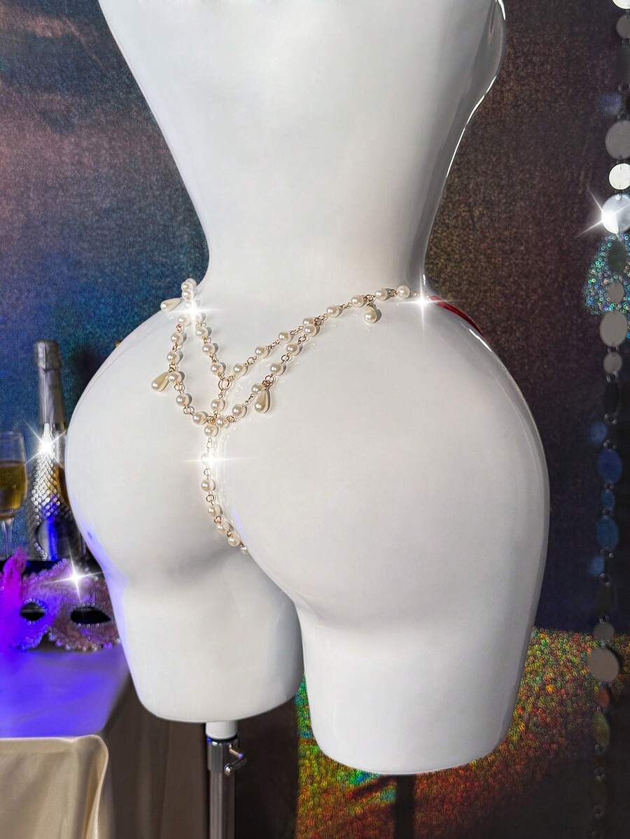 MidnightGlam Conjunto de lencería con adorno de perlas falsas, tanga sin entrepierna, disfraz de stripper con strass, conjunto de lencería con cadena, lencería sexy para mujer, para adultos, luna de miel, cita, noche caliente - Burdeos - Ver 1