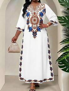 SHEIN Lady Abito casual da vacanza con stampa floreale e scollo tagliato, taglie comode - Multicolore - Visualizzare 5