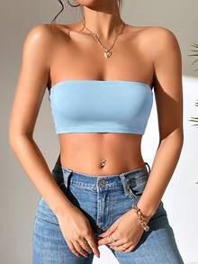 SHEIN PETITE Women's Solid Color Cropped Sexy Bandeau Top,Summer Top ,Petite Women - Baby Blue - View 5
