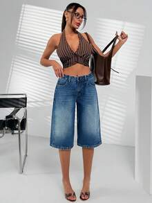 SHEIN 100% Cotton High Waist Snow Wash Side Sewing Detailed Denim Jort - Medium Wash - View 7