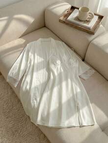 Resyla 女士撞色蕾丝长袖系带睡袍吊带睡裙，优雅睡衣套装，秋冬服装 - 米色 - 查看 3