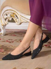 CUCCOO TILAWA 女士尖头低跟粗跟黑色全钻时尚华丽宴会派对女士平底鞋后跟带袢带平底鞋女鞋 - 黑色 - 查看 9