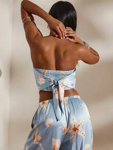Opulessa Conjunto de 2 piezas de top bandeau y pantalones estampados de gasa para mujer, ideal para vacaciones de primavera/verano - Celeste - Ver 2
