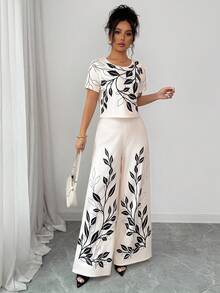 Elenzga Bộ đồ 2 mảnh mùa Xuân/Hè thanh lịch, thường ngày gồm áo thun cổ tròn in họa tiết và quần ống rộng, thích hợp cho Lễ Tạ ơn, Halloween, mặc ở nhà, đi chơi hoặc du lịch. - Nhiều màu - Xem 4