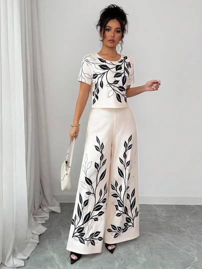 Elenzga 春夏新款优雅休闲圆领印花T恤+阔腿裤两件套，女士时尚印花设计两件套，适合感恩节、万圣节、居家、日常、度假穿着