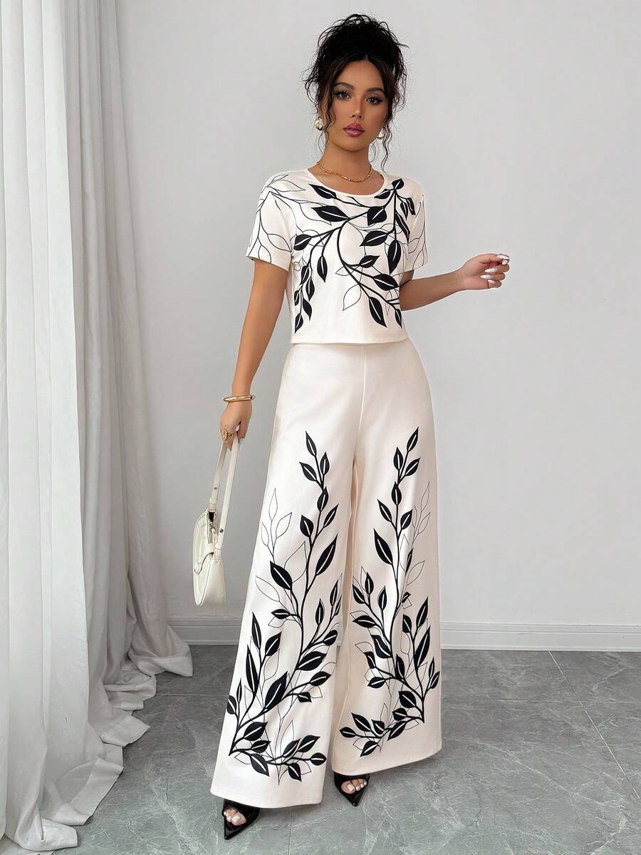 Elenzga 春夏新款优雅休闲圆领印花T恤+阔腿裤两件套，女士时尚印花设计两件套，适合感恩节、万圣节、居家、日常、度假穿着 - 彩色 - 查看 1