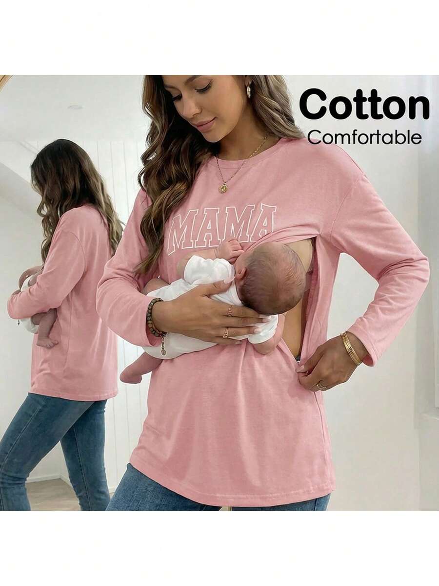 Áo thun cho con bú cổ tròn tay dài in chữ - Hồng - Xem 1
