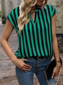 EMERY ROSE Camisa casual de manga corta con cuello en pico y estampado de rayas, para verano - Verde - Ver 4