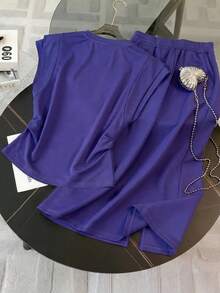 Resyla 女士紫色两件套，荷叶袖设计 - 圆领马图案上衣搭配直筒半身裙 - 时尚休闲夏季家居服 - 松紧腰带 - 青春街头风 - 紫色 - 查看 2