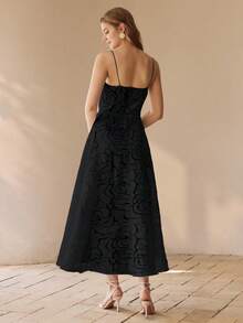 MOTF PREMIUM Vestido elegante francés, vestido de línea A con estampado de jacquard de flores de rosa sin tirantes para damas - Negro - Ver 2