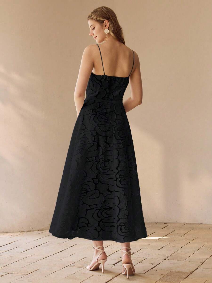 MOTF PREMIUM Đầm thanh lịch kiểu Pháp, đầm chữ A không dây vai, họa tiết hoa hồng jacquard dành cho nữ. - màu đen - Xem 2