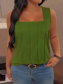 EMERY ROSE Plus Size Square Neck Pleated Tank Top - Green - View 3