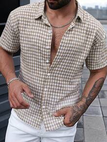 Manfinity Homme Men's Fashionable Dropped Shoulder Short Sleeve Shirt - Khaki - View 3