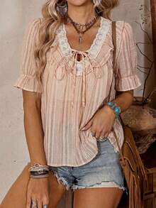 LanaWest Blusa feminina estilo ocidental casual, em tecido texturizado, com detalhes em renda contrastante e barra com babados. - Rosa - Ver 6