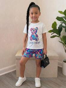 SHEIN Young Girls Summer Casual Bear Print T-Shirt And Heart Print Shorts Set, Kids Two Piece Set Shorts Set For Girls Two Piece Outfit Toddler Girl Cute Short Sets T Shirt Shorts Suit For Girls - Multicolor - View 3