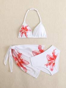 SHEIN 少女三件套比基尼，黑色碎花挂脖三角上衣、三角泳裤、纱笼，时尚休闲优雅泳装，适合游泳、度假、夏季穿着。少女夏季两件套泳衣，两件套夏季服装，少女夏季两件套泳装，挂脖比基尼，碎花比基尼，沙滩泳装，带罩衫的比基尼。 - 白色 - 查看 5