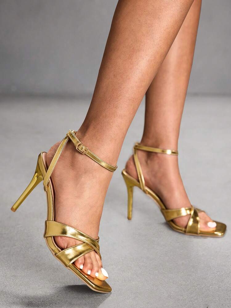 CUCCOO SZL Women Shoes Spring And Summer New Gold Mirror Cross Strap Ankle Strap Simple Women's High Heel Sandals Stylish Comfortable Versatile Sexy Party Banquet Women's Sandals Prom Heels