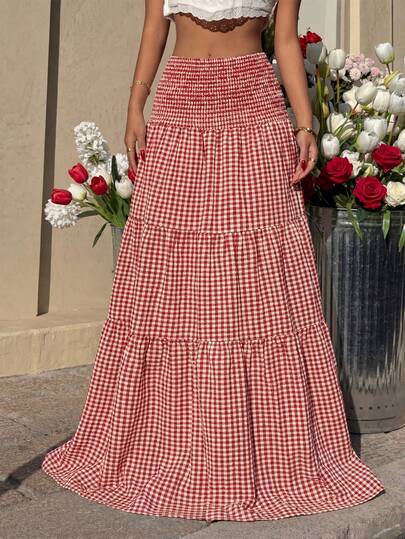 Sunnyshic 女士优雅休闲度假百搭日常时尚格子布腰带束腰长裙，春夏款