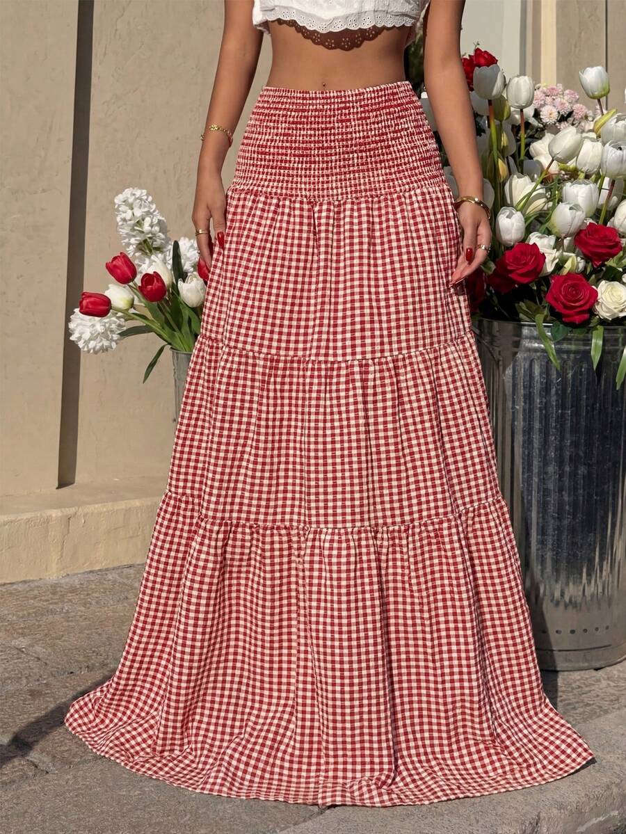 Sunnyshic Women's Elegant Casual Vacation Versatile Daily Wear Fashionable Plaid Fabric Waist Tie Cinched Waist Long Skirt, Spring/Summer - Multicolor - View 1