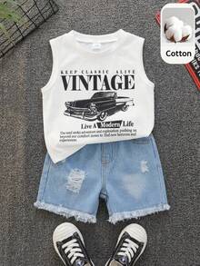 SHEIN 2件套男婴夏季休闲街头时尚汽车图案背心和牛仔短裤套装 - 彩色 - 查看 1
