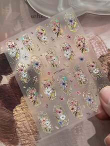 1片3D立体花朵美甲贴纸，优雅金色复古奢华巴洛克水钻自粘美甲贴，适用于亚克力指甲，DIY美甲用品及礼品装饰 - 彩色 - 查看 8