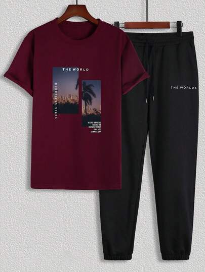 Manfinity Homme 男士加大码椰树及标语印花短袖T恤和抽绳腰运动裤两件套，适合春夏户外穿着