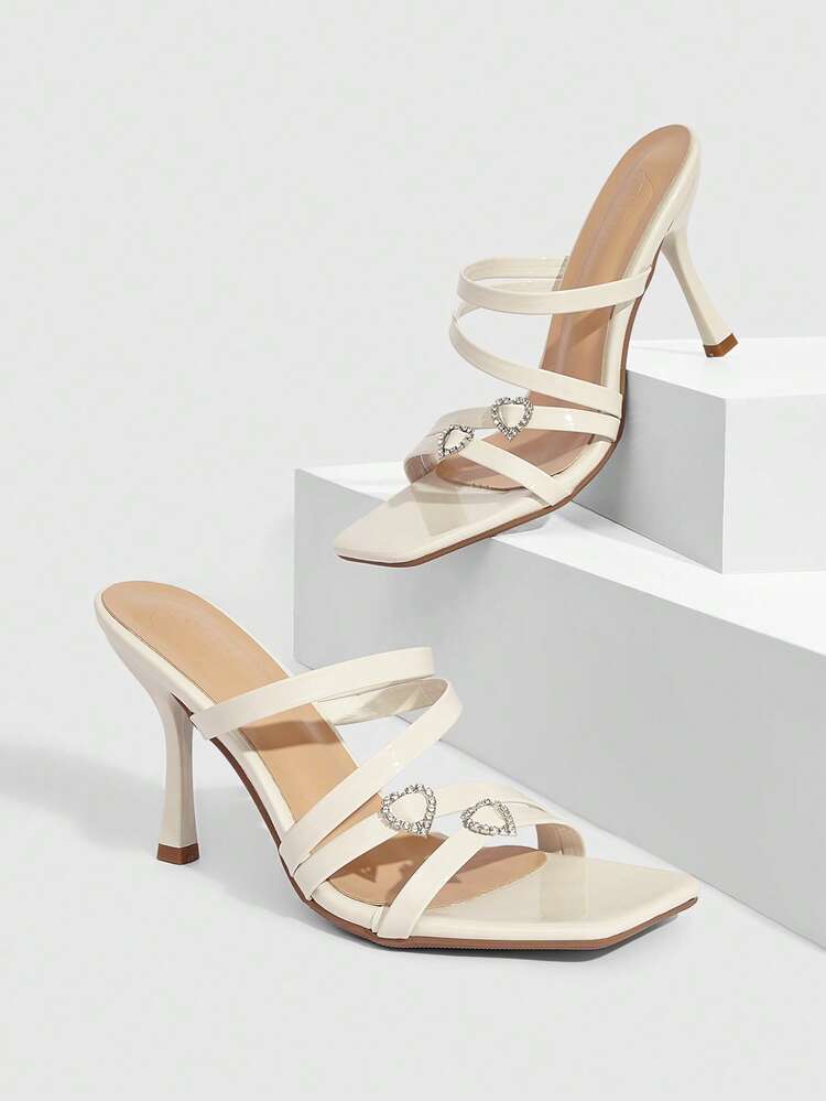 CUCCOO SZL Women Shoes Spring And Summer New Beige Square Toe Stiletto Multi-Strip With Love Buckle Women's High-Heeled Sandals Fashionable, Comfortable And Versatile Sexy Party Women's Sandals Women's Sandals Women's Shoes Prom Heels