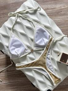 Swim Vcay 春夏纯色三角无钢圈露背吊带泳衣套装，性感比基尼泳装，适合海滩度假，新款女士泳装，带胸垫泳衣 - 薑色 - 查看 4