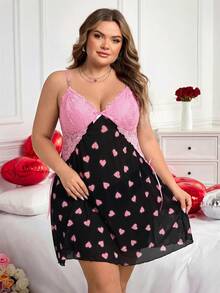 SHEIN CURVE+ CURVE PLUS /Dia dos Namorados/Vestido Camisola Plus Size com Renda em Contraste nas Costas, Estampa de Corações e Detalhes em Malha. Vestido perfeito para o Dia dos Namorados. - Multicolorido - Ver 6