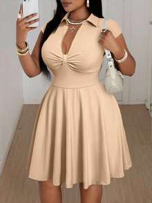 Maweii Plus Size V-Neck Ruched Waist Short Sleeve Dress - Khaki - View 2