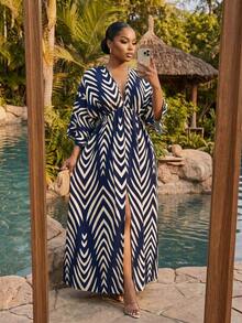 SHEIN Lady CURVE Robe ample à manches chauve-souris imprimée tout-sur-tout, robe zébrée pour femmes, robe zigzag, robe longue, robe à motif pour femmes, robe caftan - Blanc - Voir 6