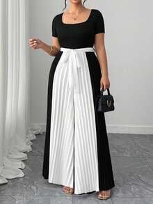 Elenzga Mono de pierna ancha con cuello cuadrado, manga corta, bloque de color y parches plisados para mujer de talla grande - Negro - Ver 8