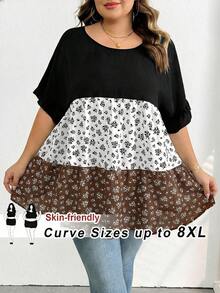 SHEIN CURVE+ 大码休闲撞色碎花衬衫，轻松假日风，适合乡村音乐节，女士波西米亚风，春季休闲碎花衬衫/2026/新年 - 棕色 - 查看 1
