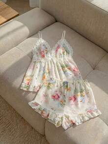 Resyla 花卉印花对比色蕾丝蝴蝶结前褶边下摆睡衣套装/睡衣套装 - 杏色 - 查看 3