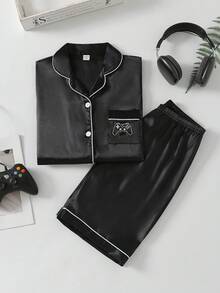 2pcs Teenage Boys' Casual Text Graphic Print Blue Poplin Short Sleeve Top And Shorts Pajama Set - Black - View 3