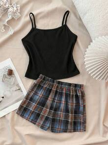 SHEIN Tween Girl Casual Ribbed Camisole & Plaid Shorts 2 Pieces Pajama Set, Comfortable Loungewear - Black - View 5
