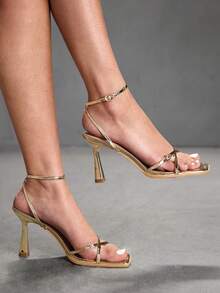 CUCCOO SZL Women Shoes New Square Toe Slender High Heel Light Gold Open Toe Back Ankle Strap Cross Lace Women's High Heel Sandals Fashion Sexy Versatile Women's Sandals Prom Heels Summer - Light gold - View 4